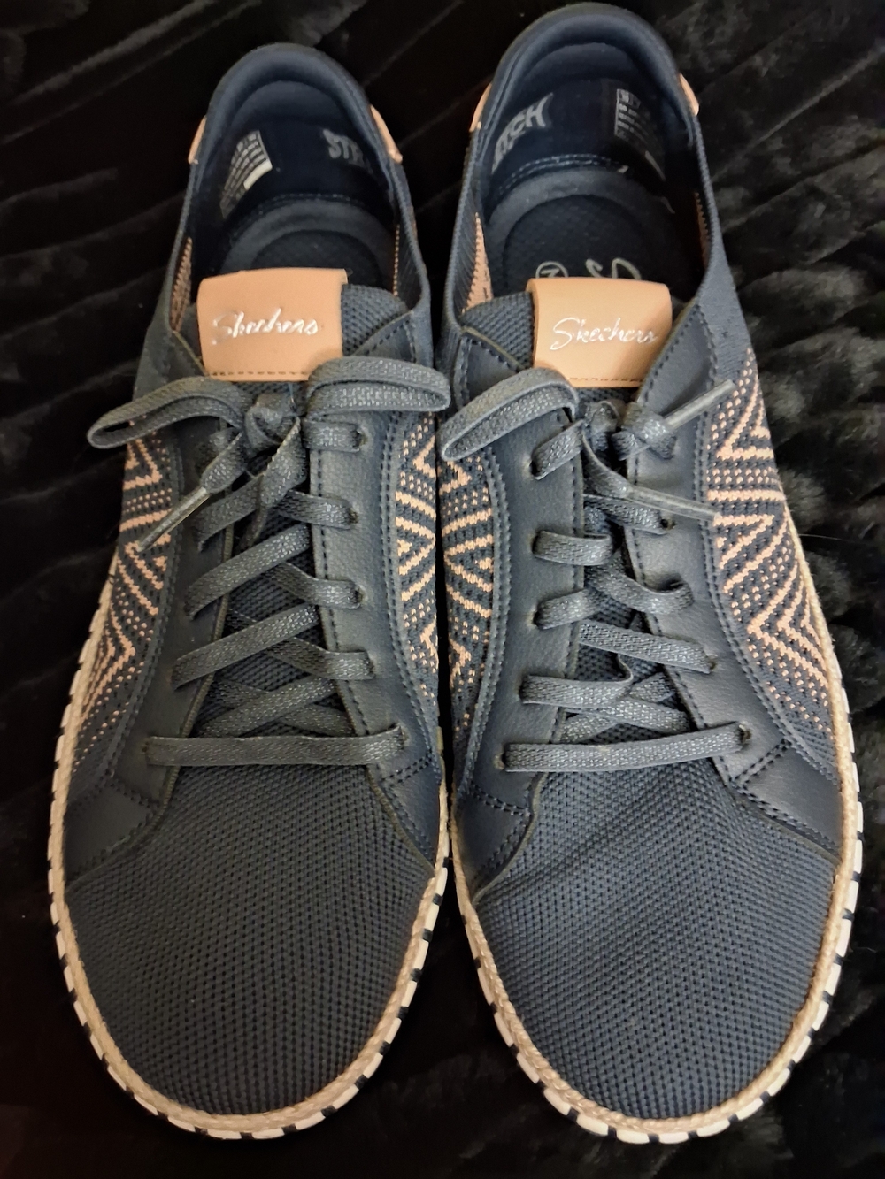 Skechers Navy Knit Lace-Up Sneakers with Tan Accents